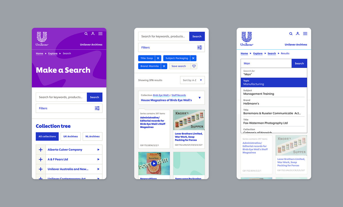 Image of Unilever Archives website on 3 mobile devices, showcasing varied, dynamic displays and clean design.